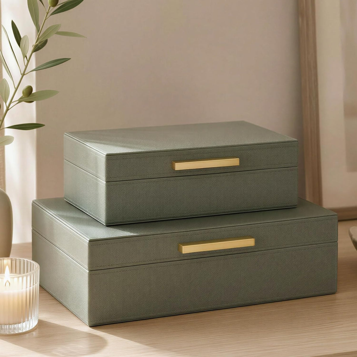 Sage Green Decorative Storage Boxes with Lids – Set of 2