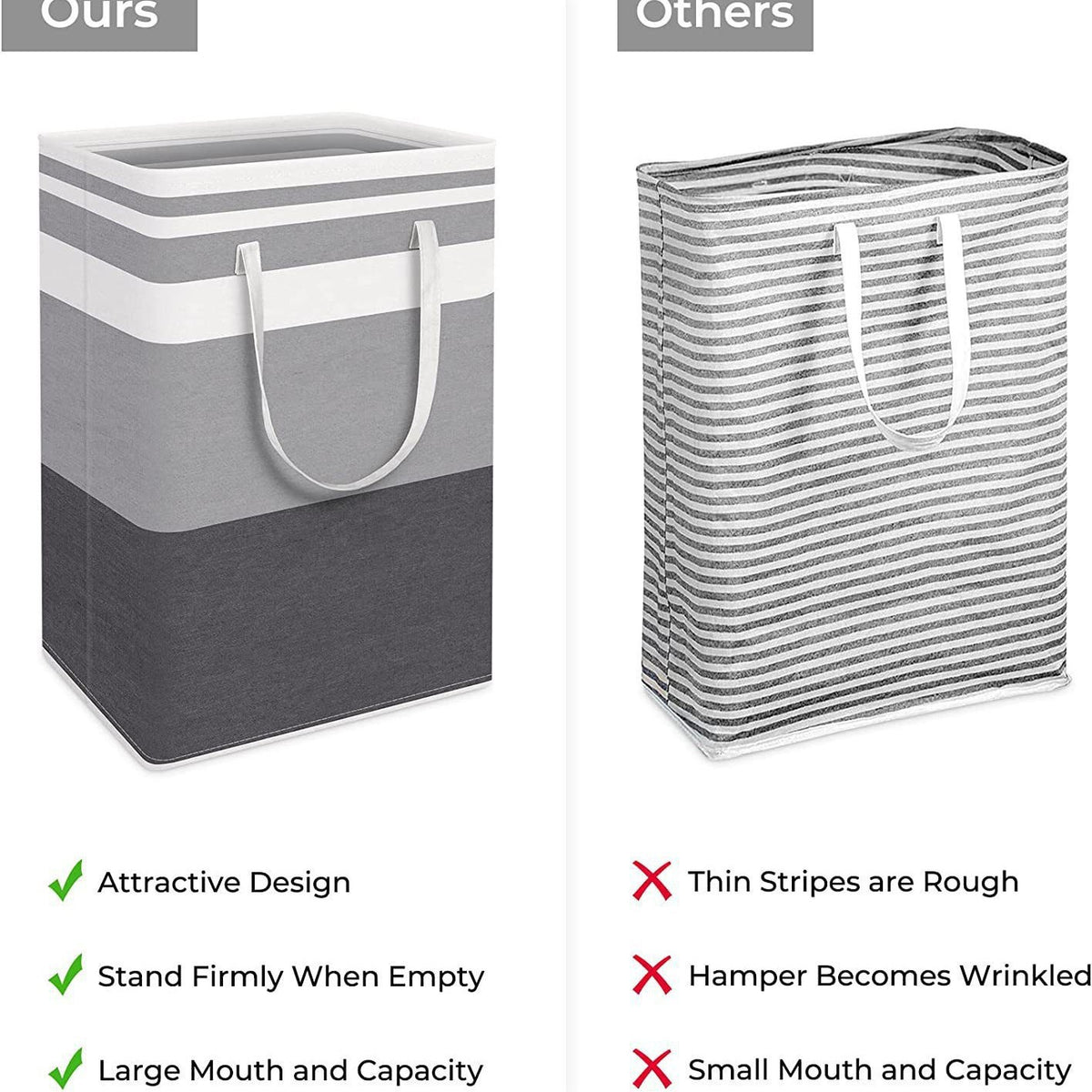 Collapsible Fabric Laundry Hamper Clothing Storage Basket – Gray and White Striped