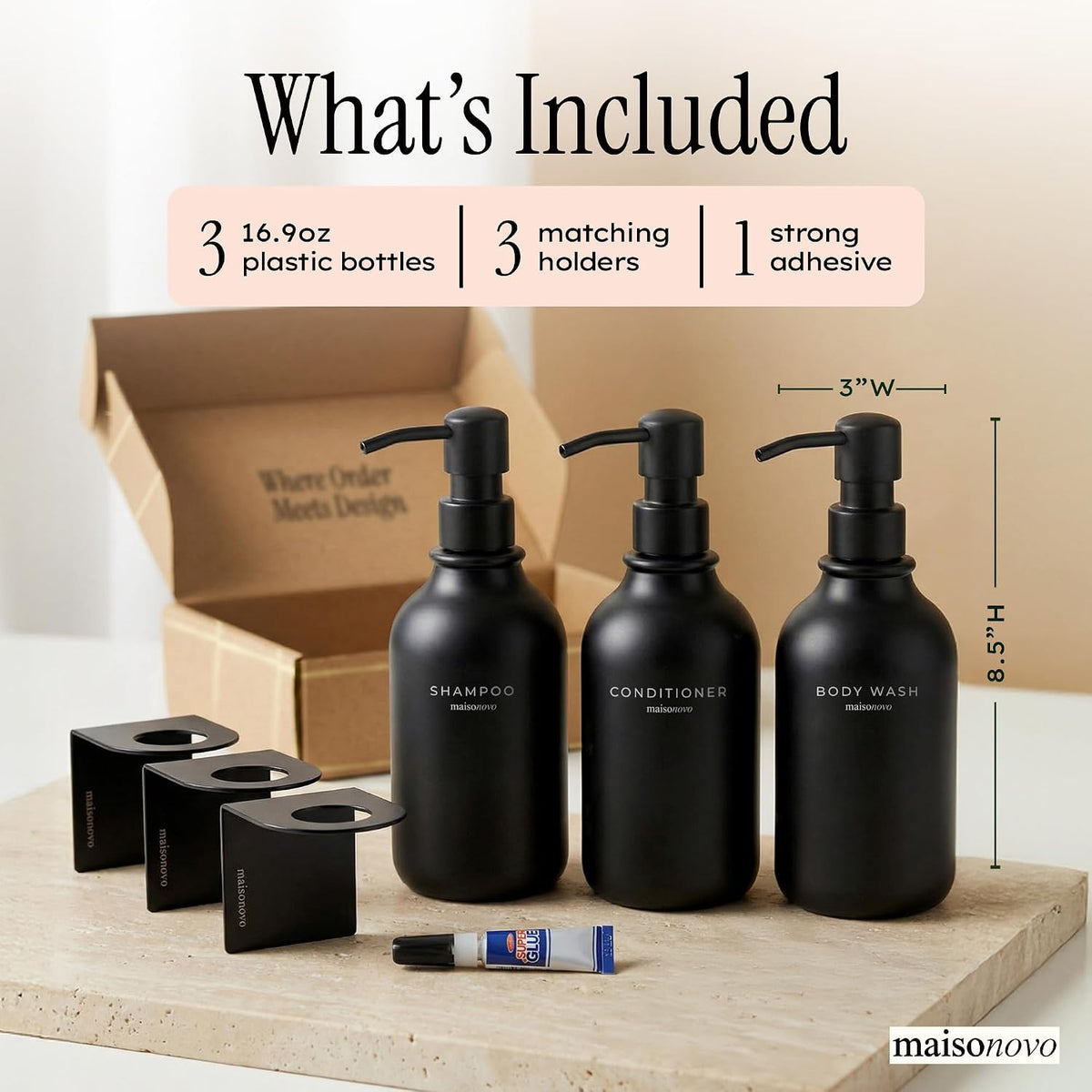 Black Wall-Mounted Shower Dispenser Set – 3 Refillable Bottles
