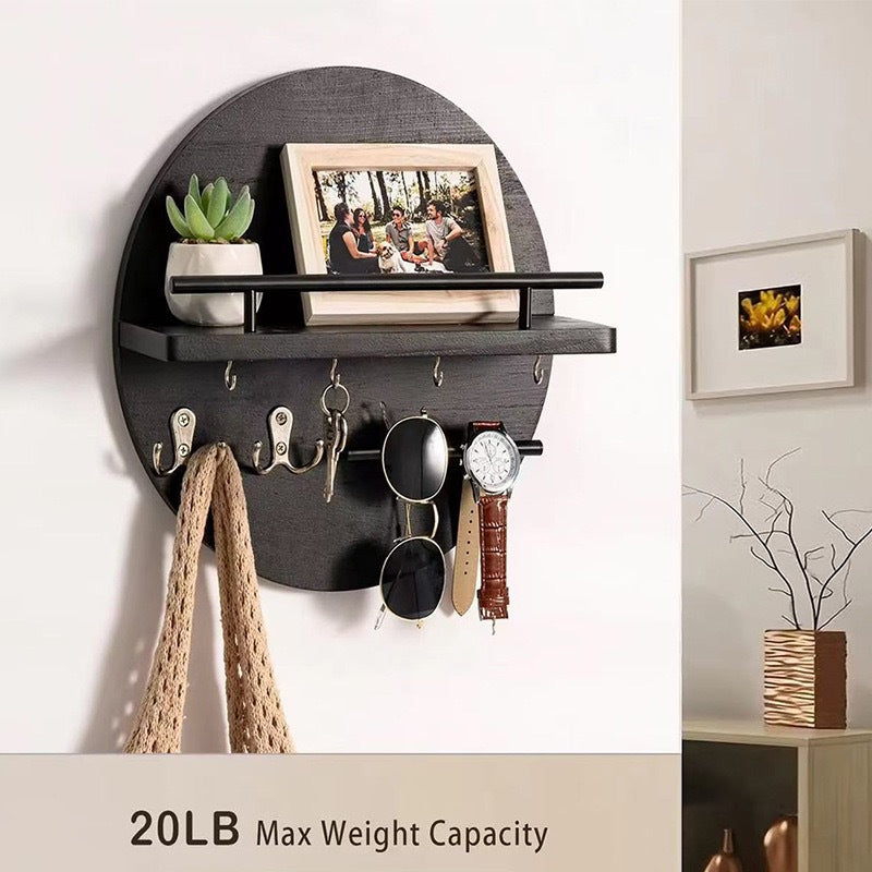 Round Wood Entryway Shelf with Key Hooks – Vintage Color