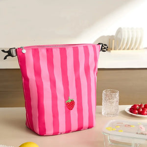 New Pink Striped Strawberry Cat Insulated Cute Lunch Handbag Large – Pink