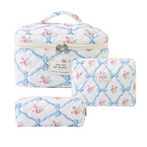 Floral Quilted Travel Cosmetic Bag – Light blue flowers