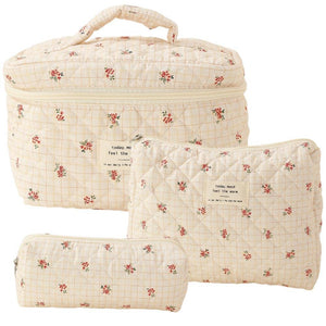 Floral Quilted Travel Cosmetic Bag – Dark blue flowers