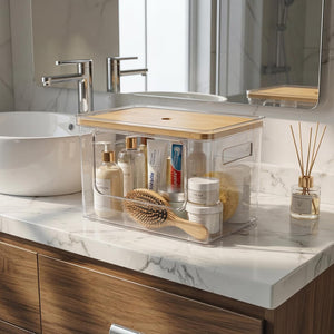 Stackable Trash Bag Dispenser & Storage Organizer with Bamboo Lid