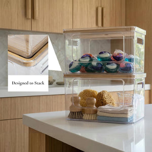 Stackable Trash Bag Dispenser & Storage Organizer with Bamboo Lid