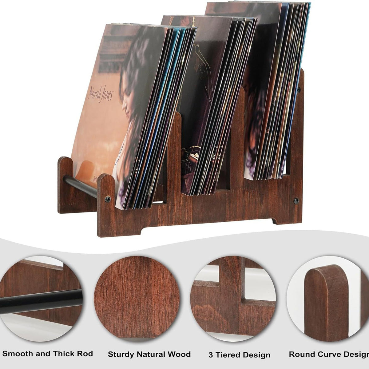 Wooden Record Rack Desktop Vintage Vinyl Album Storage Rack Solid – Walnut