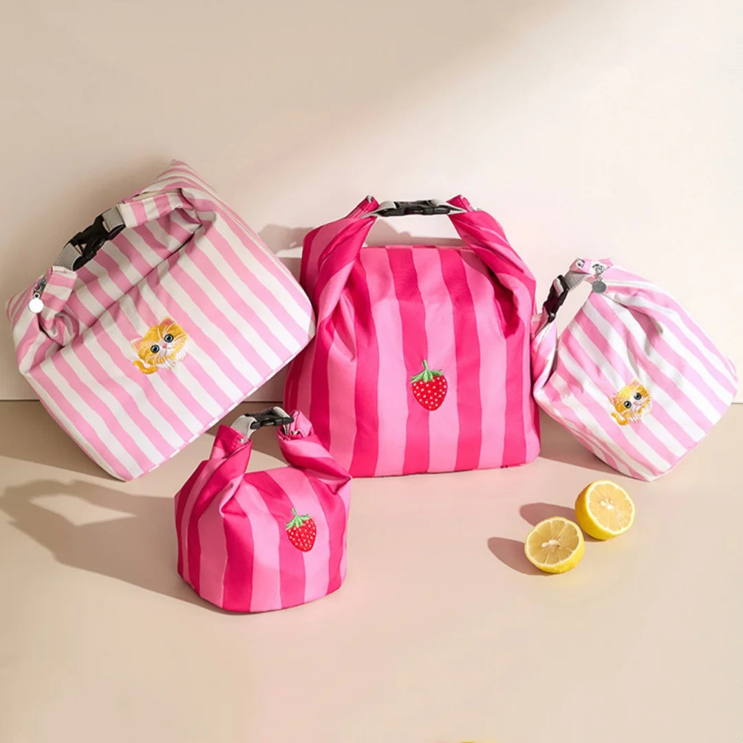 New Pink Striped Strawberry Cat Insulated Cute Lunch Handbag Large – Rose Red