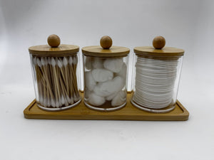 Bamboo cover cotton swab box portable round container cosmetic – alternate view