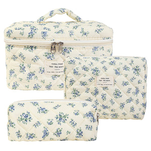 Floral Quilted Travel Cosmetic Bag – Dark blue flowers