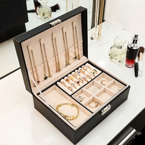 Jewelry Box with Lock Double Layer High Capacity Leather Jewelry – alternate view