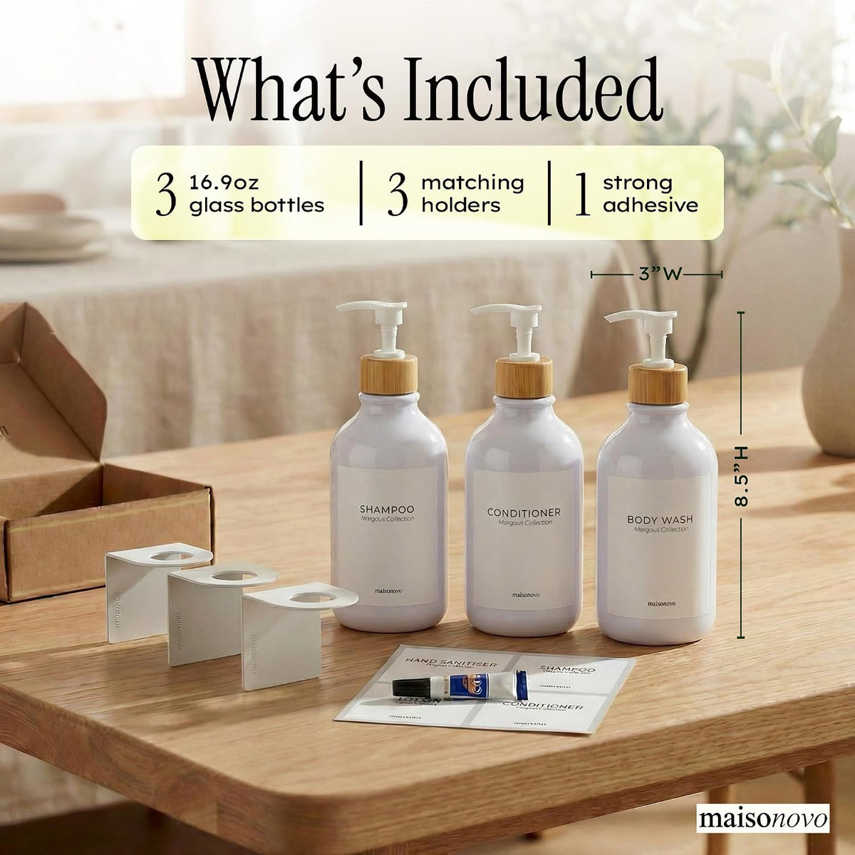White & Bamboo Shower Dispenser Set – 3 Refillable Bottles