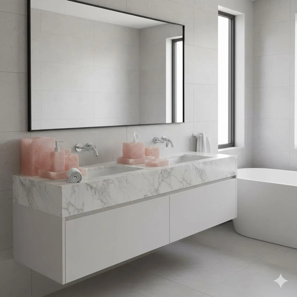 7-Piece Pink Marble-Look Resin Bathroom Accessory Set