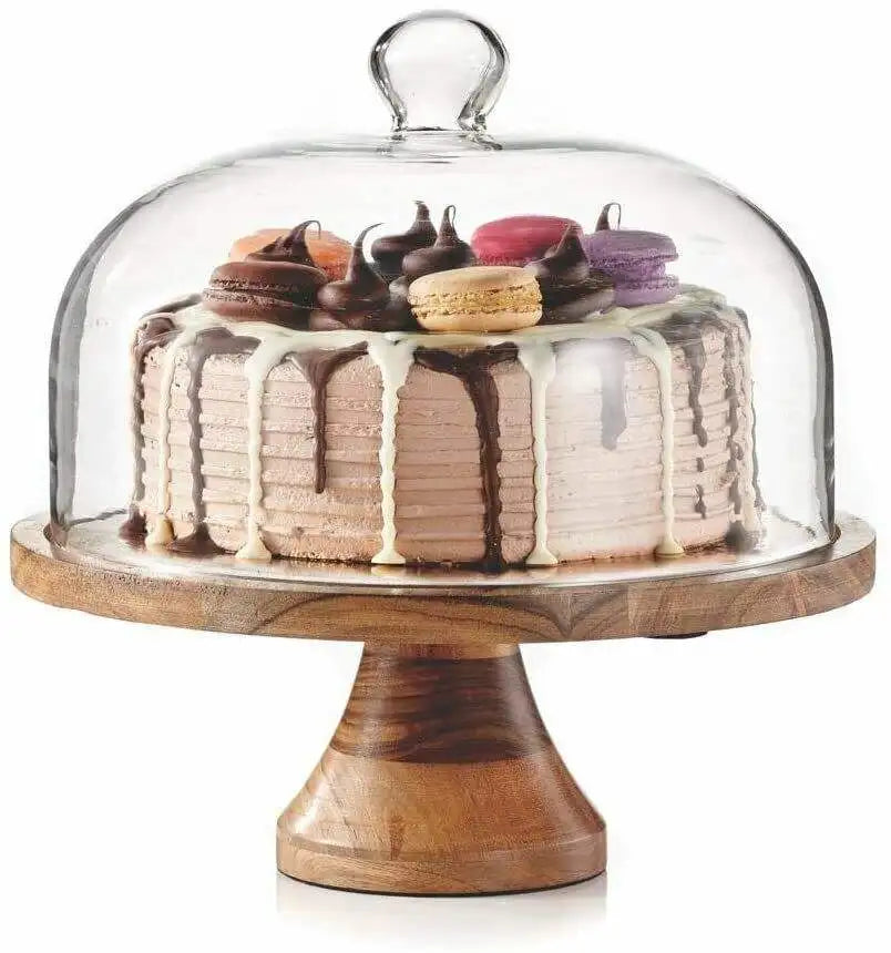 Natural Wood Cake Stand with Dome Lid