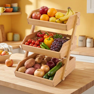 A three-tier wooden display shelf with open slatted compartments, shown on a plain white background.