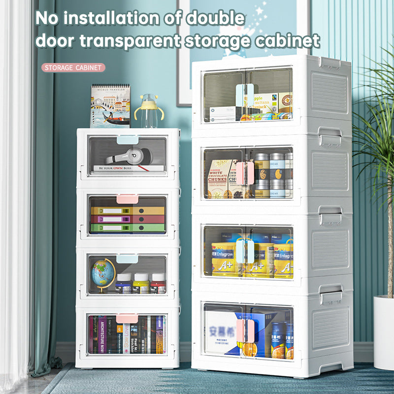 Folding Storage Box Transparent Double Door With Wheels Household – Small Single Door Blue
