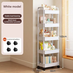 White rolling storage cart. Multifunctional, open shelves for books – White