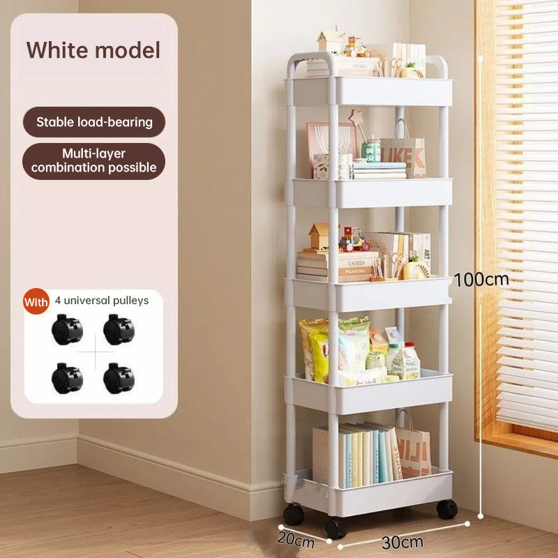 White rolling storage cart. Multifunctional, open shelves for books – White
