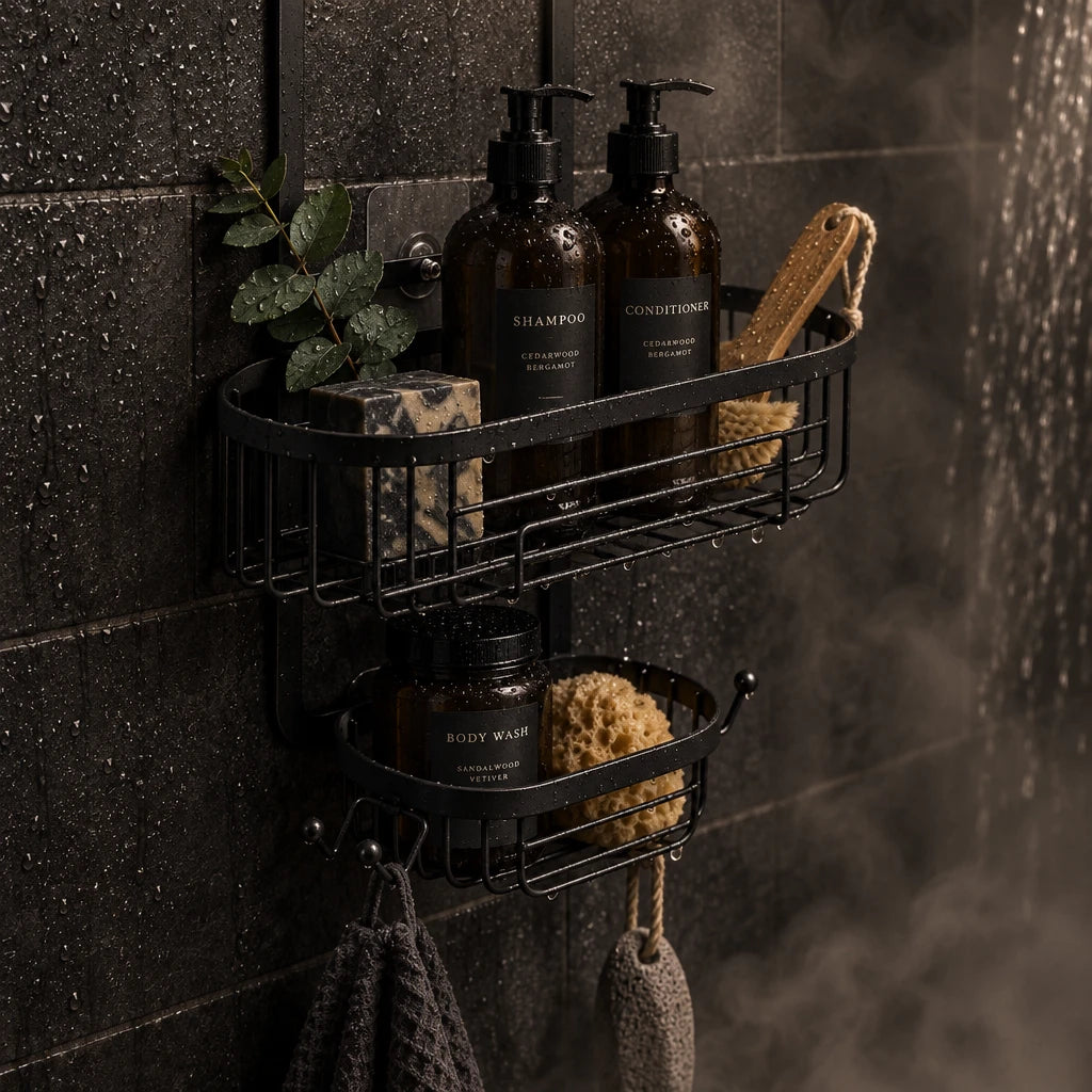 Black metal shower caddy with hooks on a white background