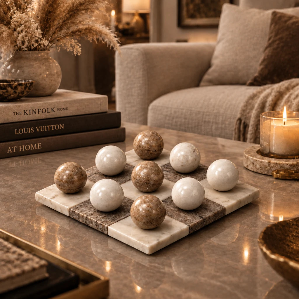 Set of marble balls on a checkered stone surface