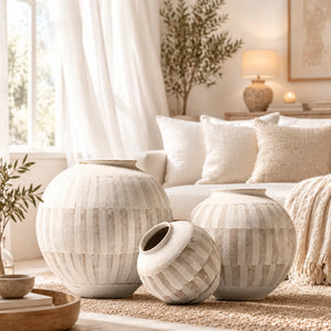 Three ribbed ceramic vases in warm off-white and beige tones, arranged on a light surface against a soft gray studio background.
