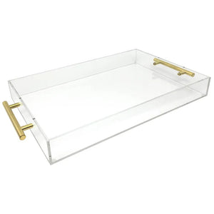 Clear acrylic serving tray with two gold metal handles, shown on a plain white background.