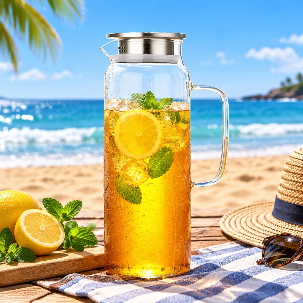 Clear glass pitcher with a stainless steel lid and handle, filled with yellow iced tea, lemon slices, and mint leaves on a white background.