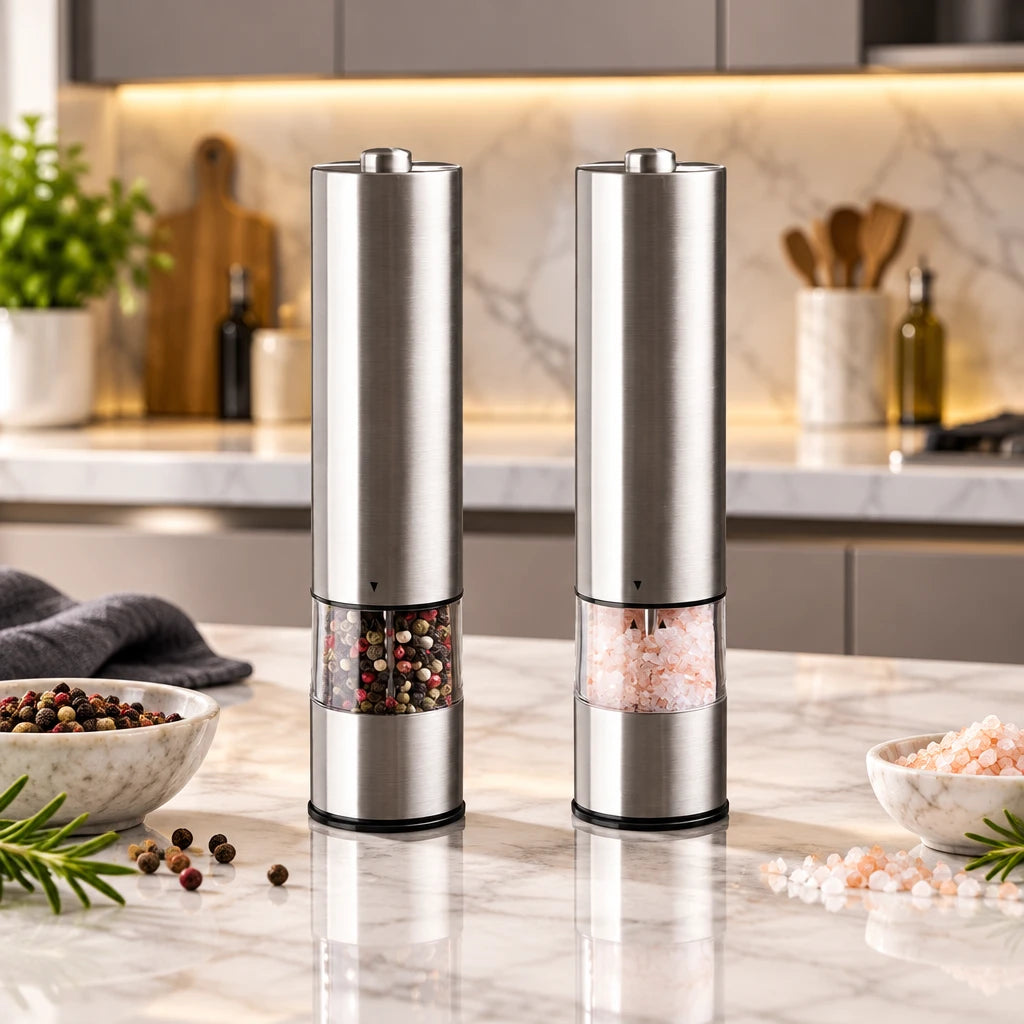 Two stainless steel electric pepper and salt mills standing side by side on a white background, one filled with mixed peppercorns and the other with pink salt.