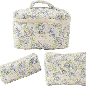 Floral Quilted Travel Cosmetic Bag – Dark blue flowers