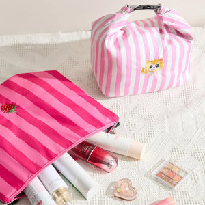 New Pink Striped Strawberry Cat Insulated Cute Lunch Handbag Large – alternate view