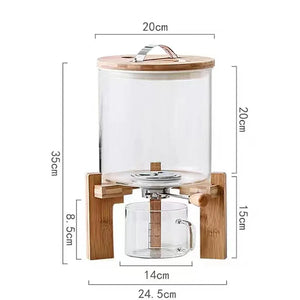 Glass coffee maker with wooden stand and dimensions labeled