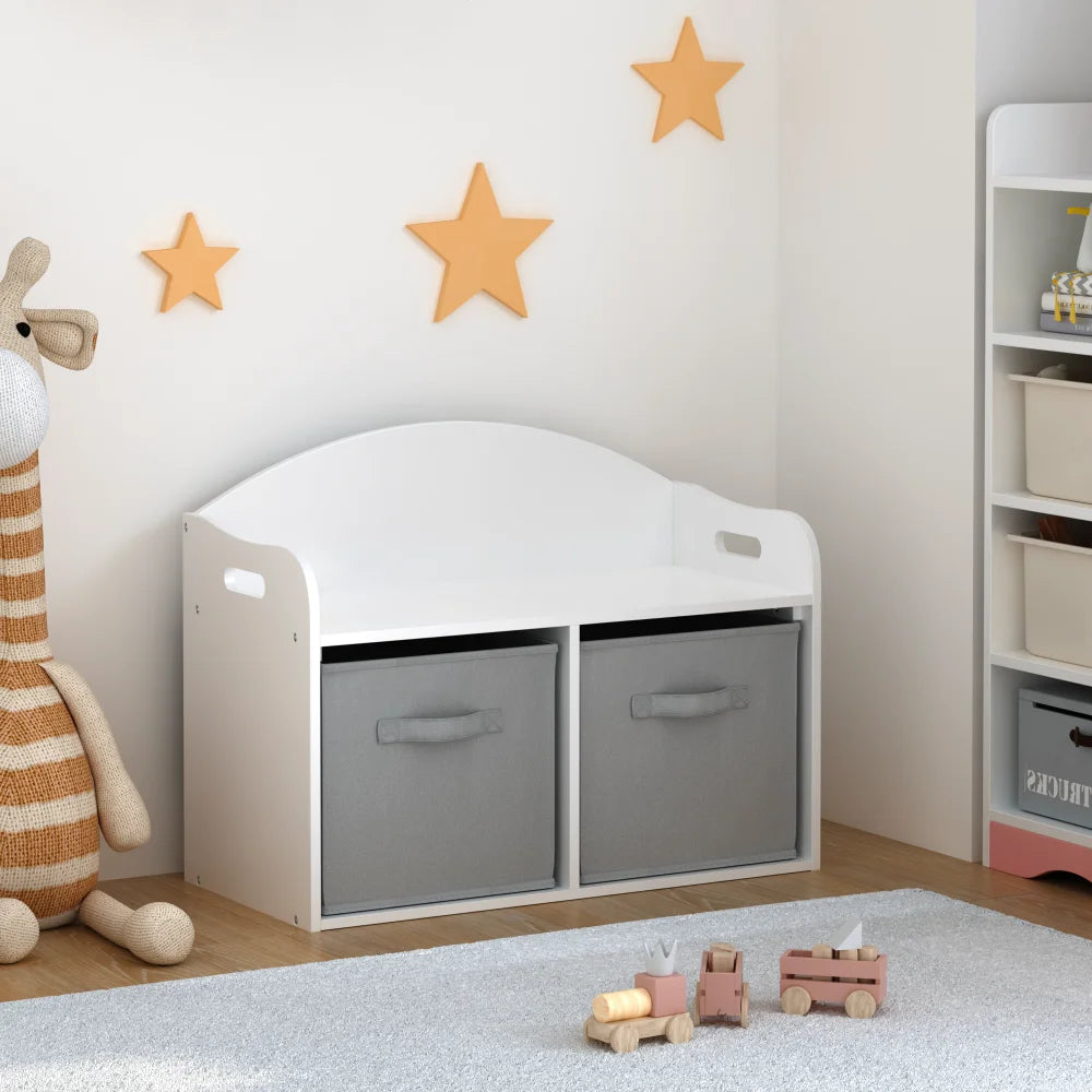 Kids Wooden Toy Box Bench With Fabric Drawers White Storage Cabinet Organizer For Children Room