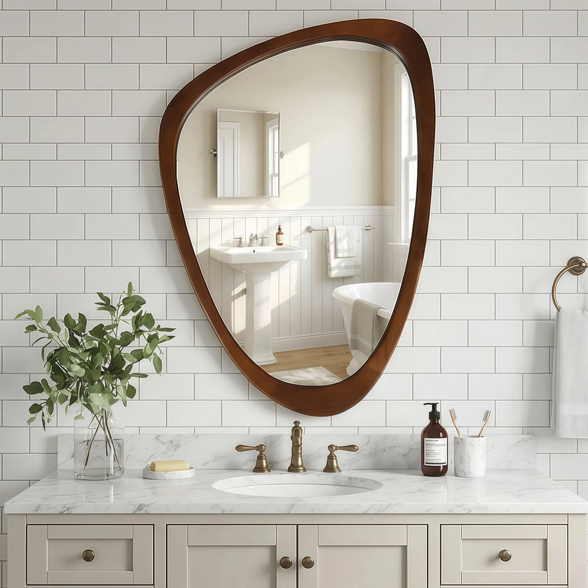 Black Walnut Wood Color 24"x36" Irregular Solid Wood Frame Decorative Mirror,For Bedroom, Bathroom, Living Room, Entryway