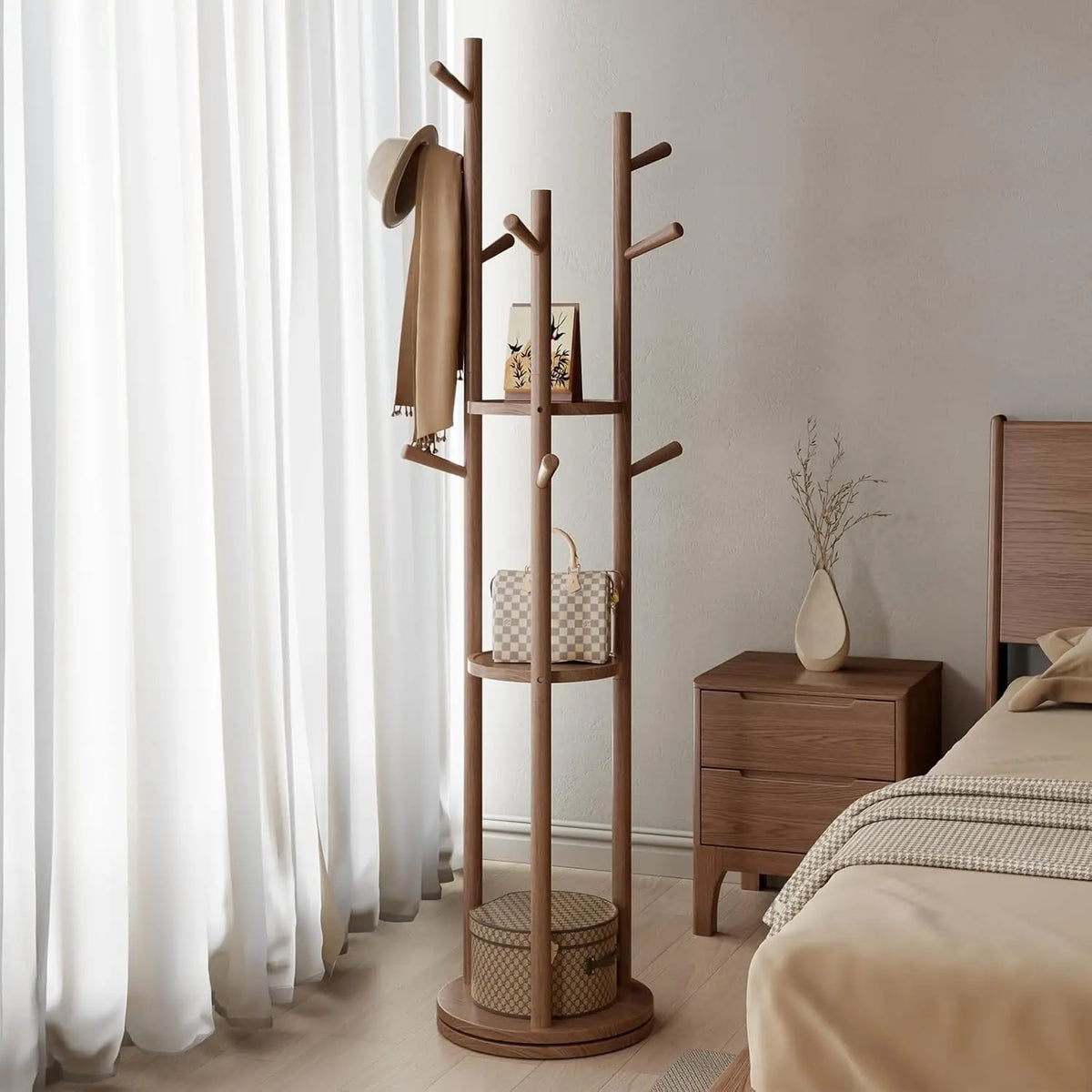 US Stock Solid Wood Rotary Freestanding Coat Rack with 3 Shelves 9 Hooks for Bedroom Entryway Living Room (Walnut) ZHYJ001