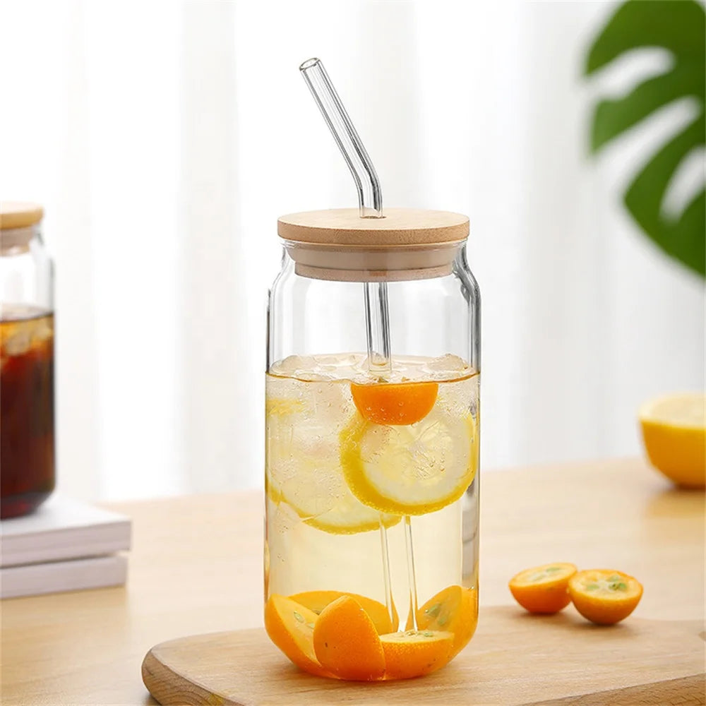 Glass Can Tumbler with Bamboo Lid & Straw