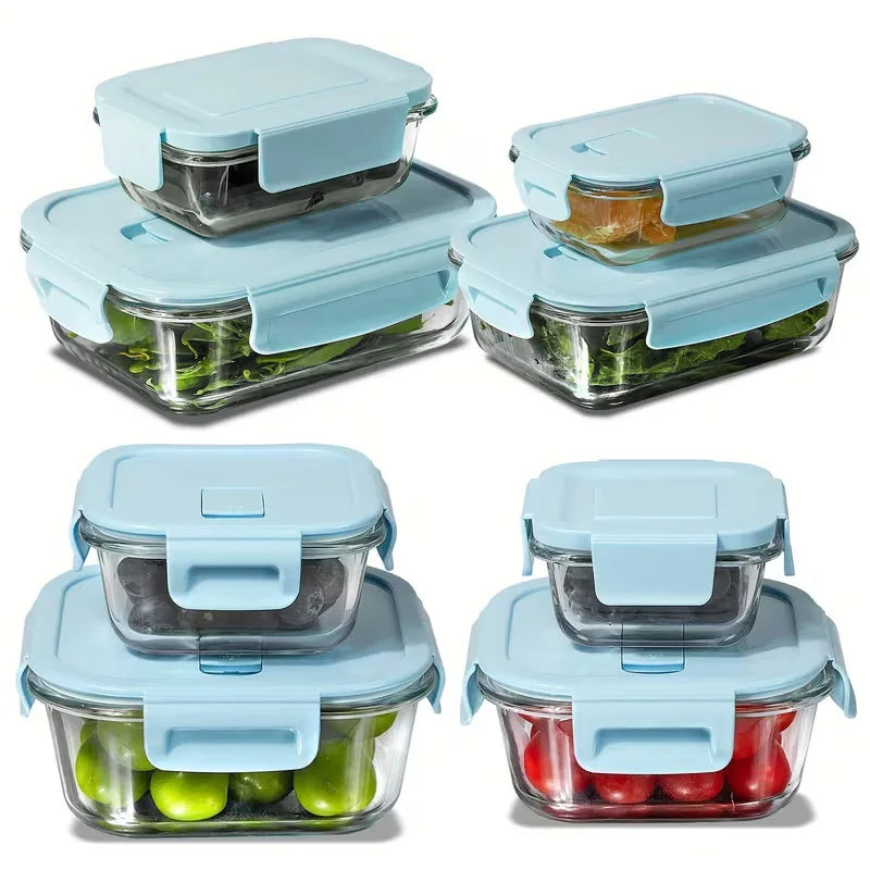 Glass Food Storage Container Blue Lid Set