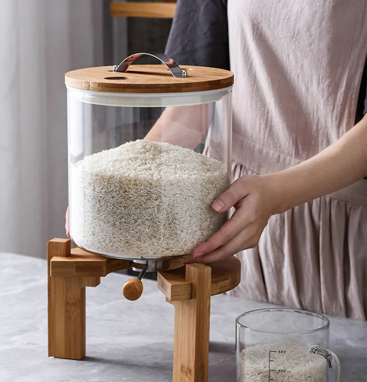 Glass Rice & Grain Dispenser with Wooden Stand