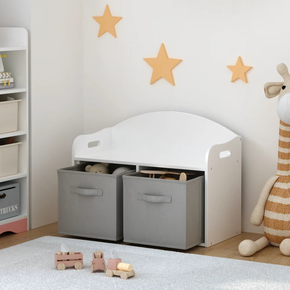 Kids Wooden Toy Box Bench With Fabric Drawers White Storage Cabinet Organizer For Children Room