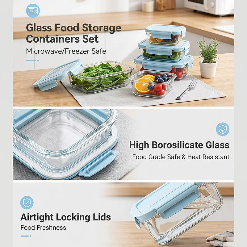 Glass Food Storage Container Blue Lid Set