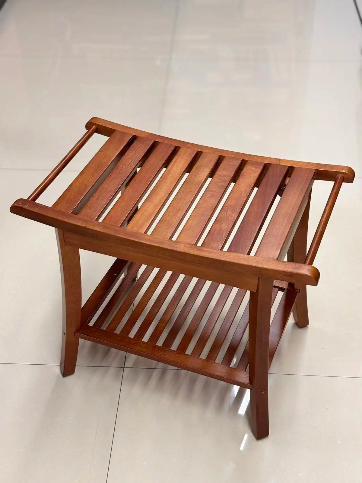 Two-Tier Wooden Bath Stool with Handrails - Sturdy Shower Seat with Storage Shelf for Elderly & Kids, Non-Slip Safety Stool