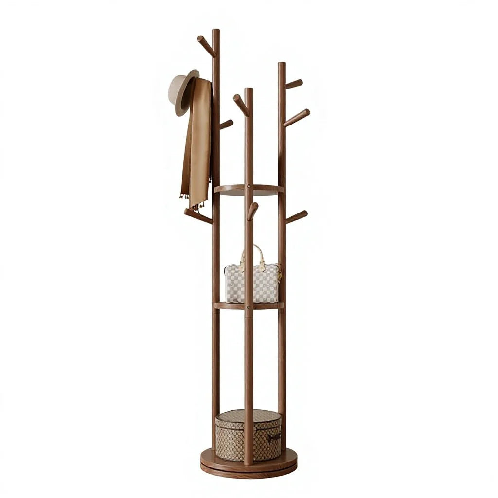 US Stock Solid Wood Rotary Freestanding Coat Rack with 3 Shelves 9 Hooks for Bedroom Entryway Living Room (Walnut) ZHYJ001