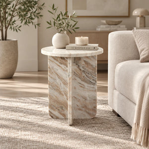 Marble-patterned side table with a round top on a white background