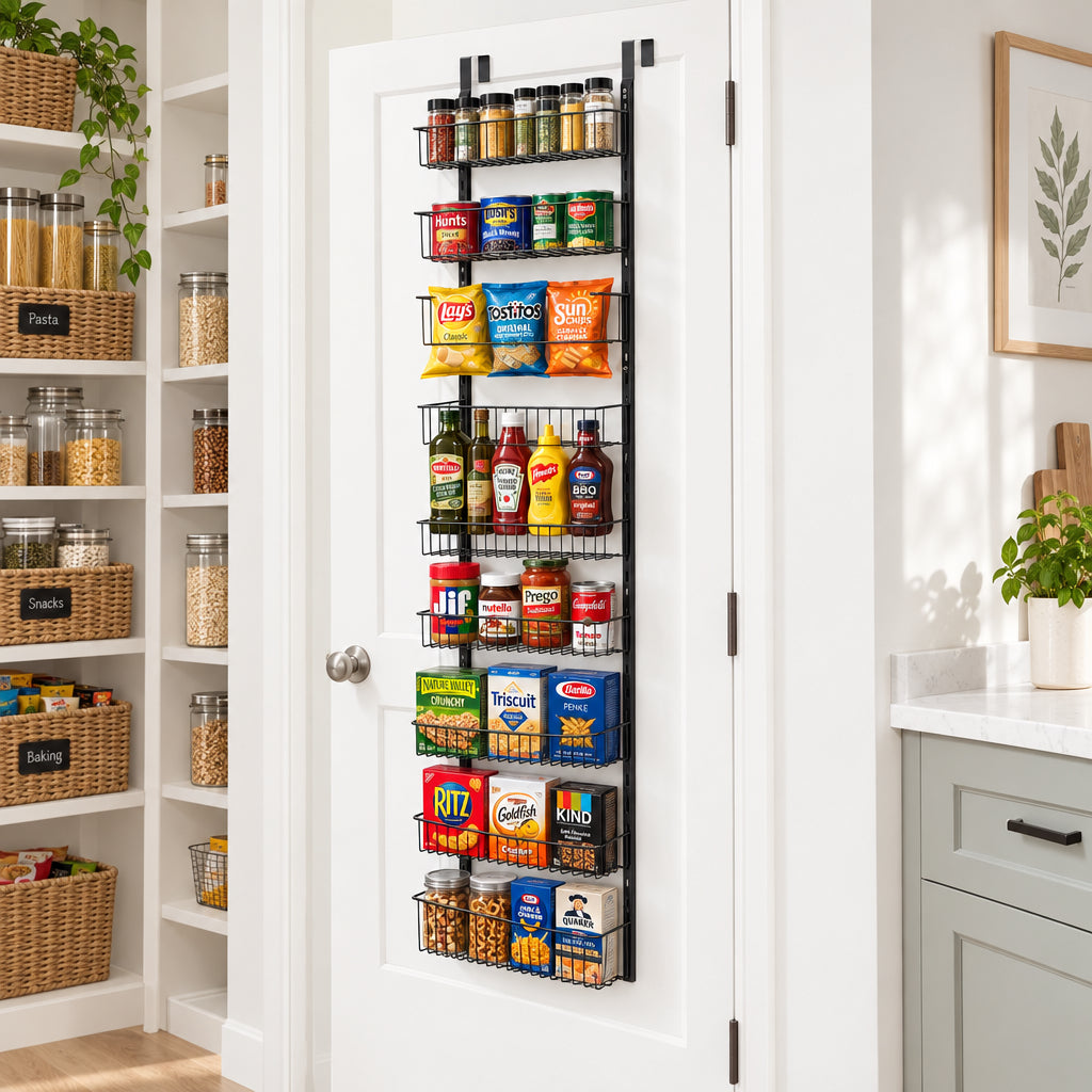Over the door storage rack filled with pantry food items