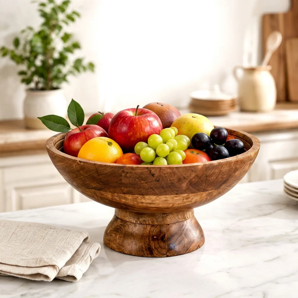A round wooden pedestal bowl filled with fresh fruit, including red apples, green grapes, a yellow pear, and dark plums, set on a white marble countertop in a bright kitchen.