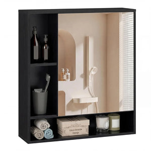 Mirrored Bathroom Wall Cabinet with Open Shelves – Black