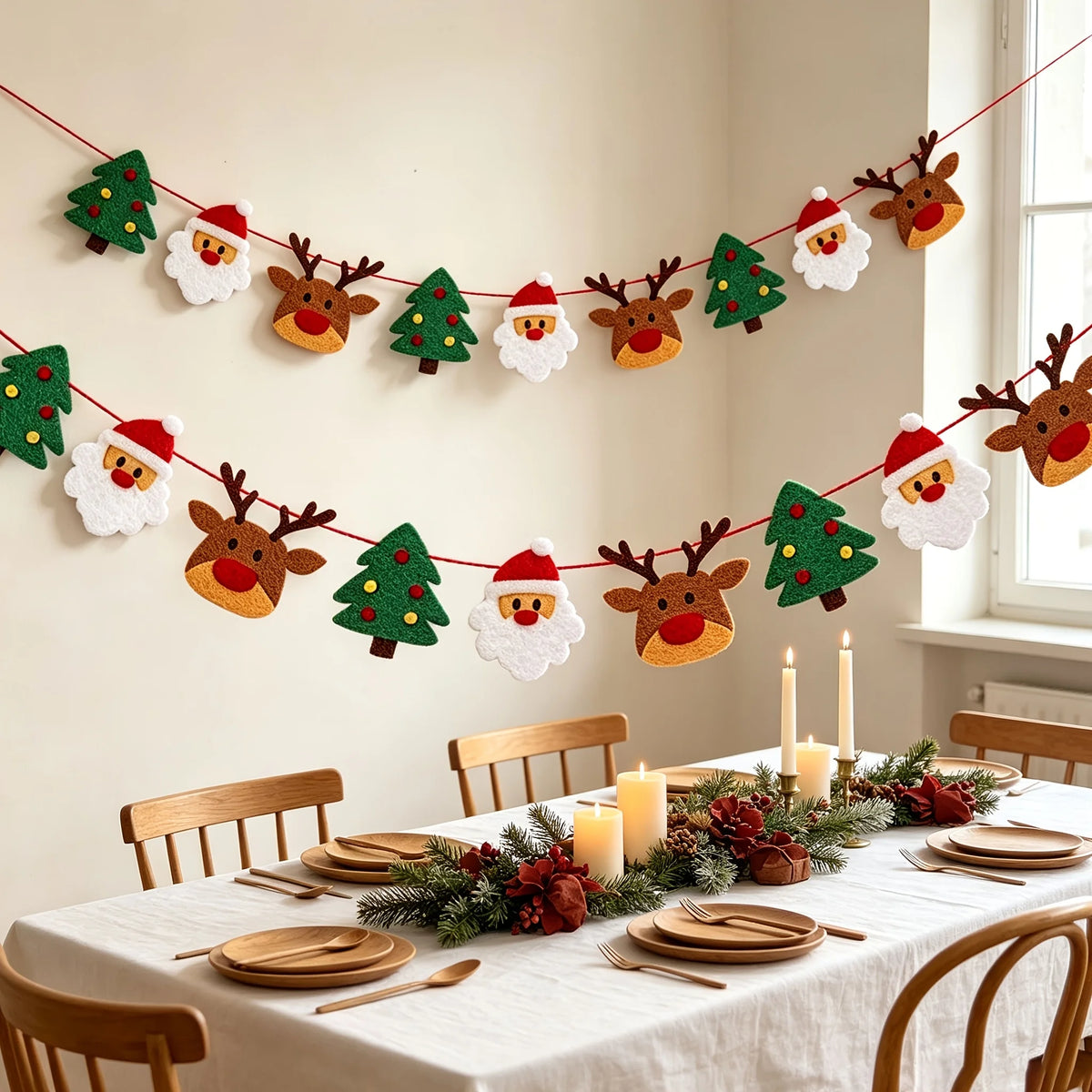 Christmas Felt Banner Bunting With Reindeer, Santa Claus And Christmas Tree