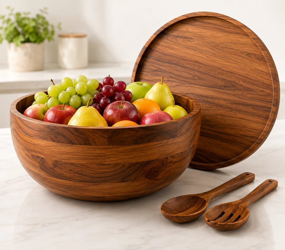Acacia Wood Serving Bowl Set with Tray Lid & Salad Servers
