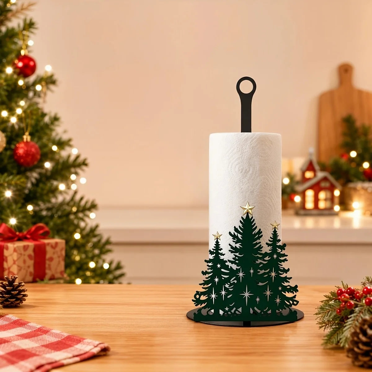 Christmas Kitchen Paper Towel Holder, Santa Claus Christmas Tree Vertical Countertop Tissue Organizer, Holiday Home Decor