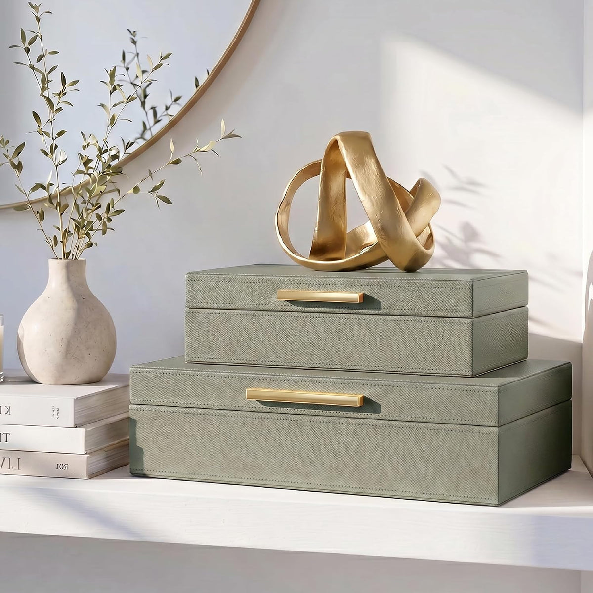 Sage Green Decorative Storage Boxes with Lids – Set of 2