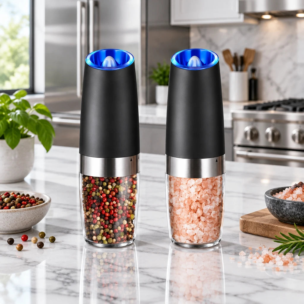 Two pepper mills with black, silver, and blue accents on a white background.
