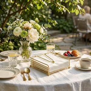 A square gold metal napkin holder filled with white paper napkins, shown on a clean white background.